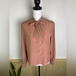Vintage Celine Paris French 70s Mauve Silk Lavallière Bow tie Blouse Luxury COA